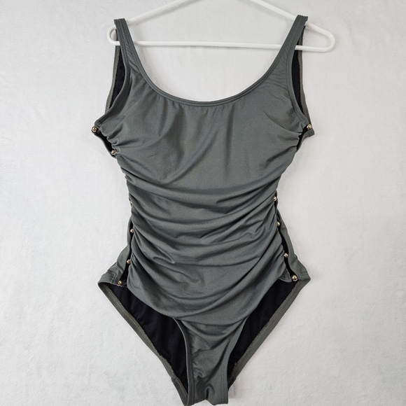 Carmen Marc Valvo Women's Size 8 One Piece Peakaboo Beaded Olive Green Swimsuit - Picture 1 of 6